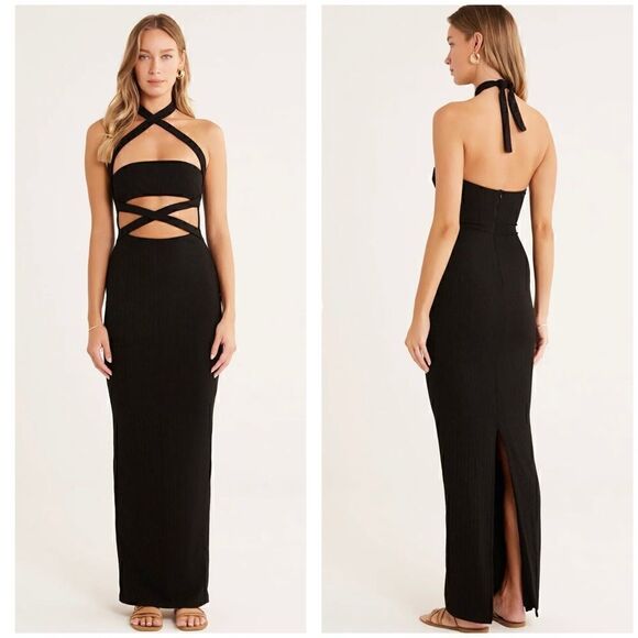 Rumer The Label x Revolve Black Sorrento Criss Cross Halter Maxi Dress Large - Picture 1 of 12